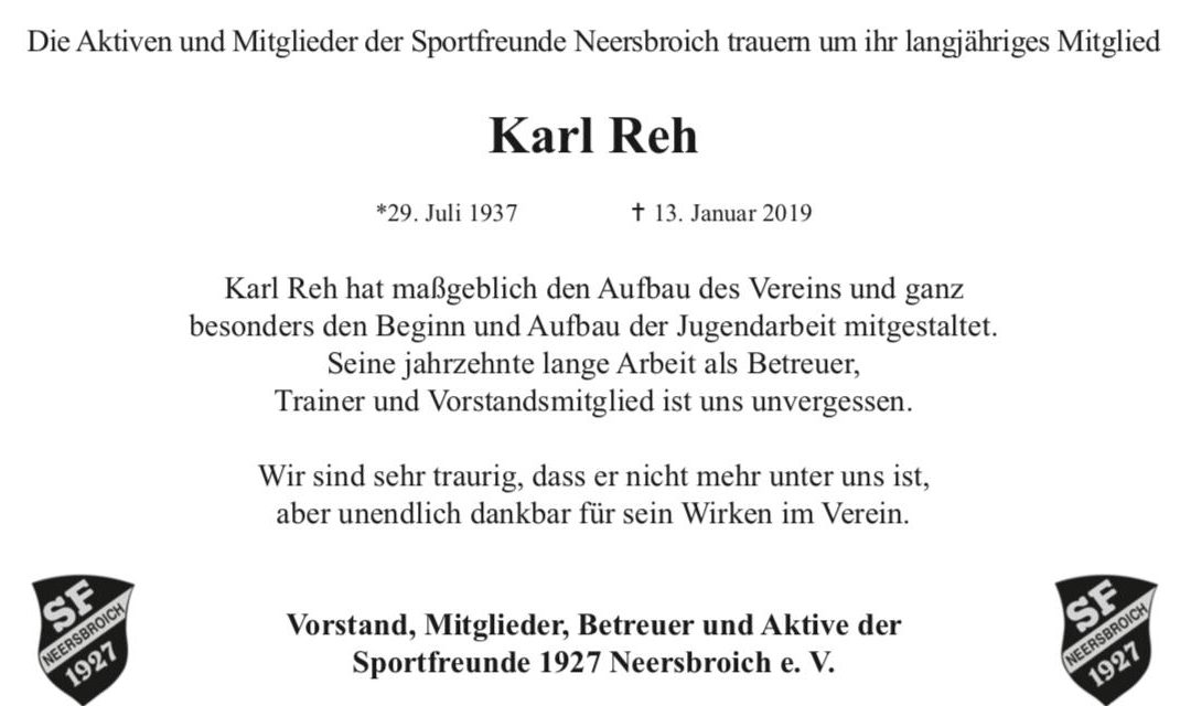 Die Sportfreunde Neersbroich trauern um Karl Reh