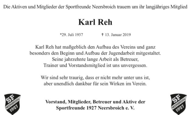 Die Sportfreunde Neersbroich trauern um Karl Reh